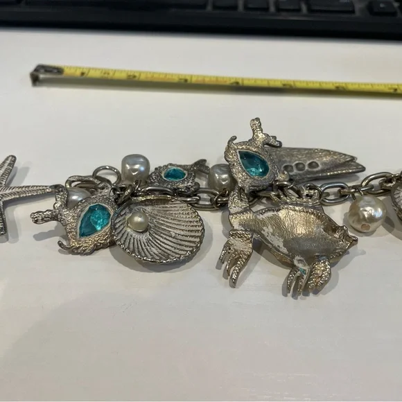 Vintage Charm Bracelet Silver Gold  Tone Ocean Sea Shell Starfish Stones 7" - Picture 7 of 7